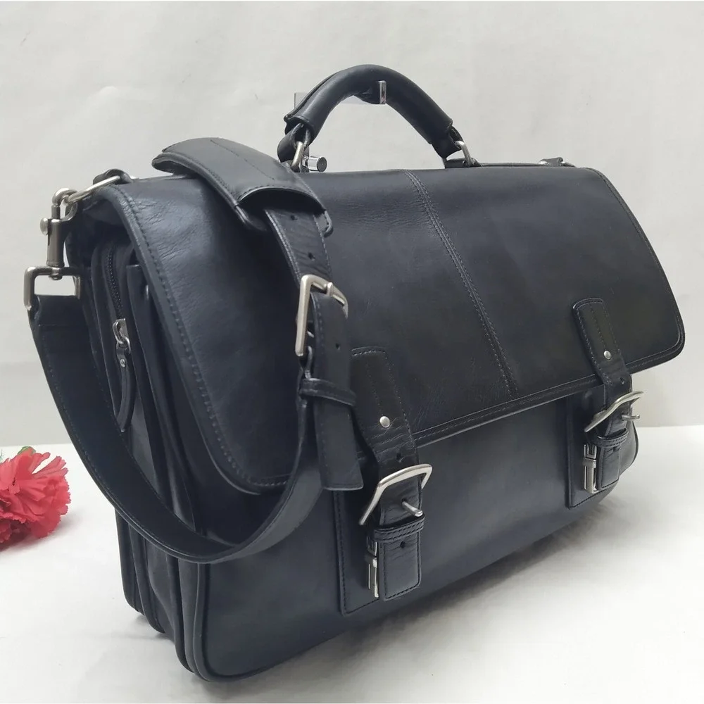 Coach Black Leather Double Pushlock Briefcase Laptop Business Crossbody Bag